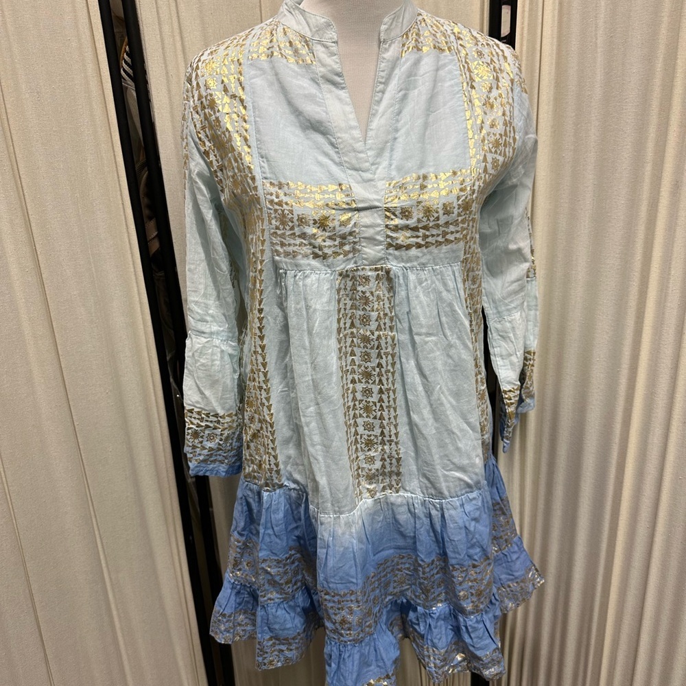 Elegant Blue and Gold Mini Dress